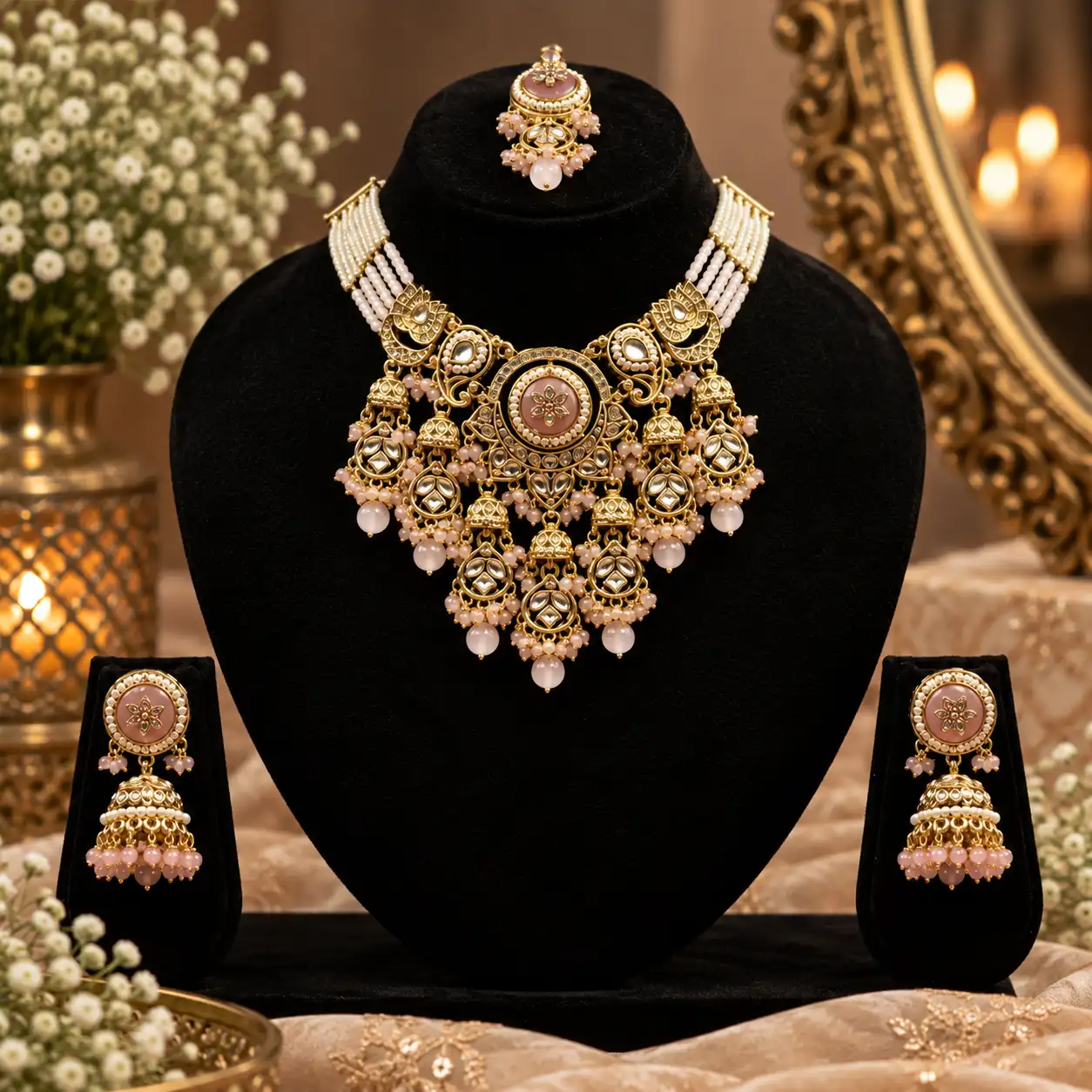 Rajwada Pearl Jadau Necklace ( Rose Pink )