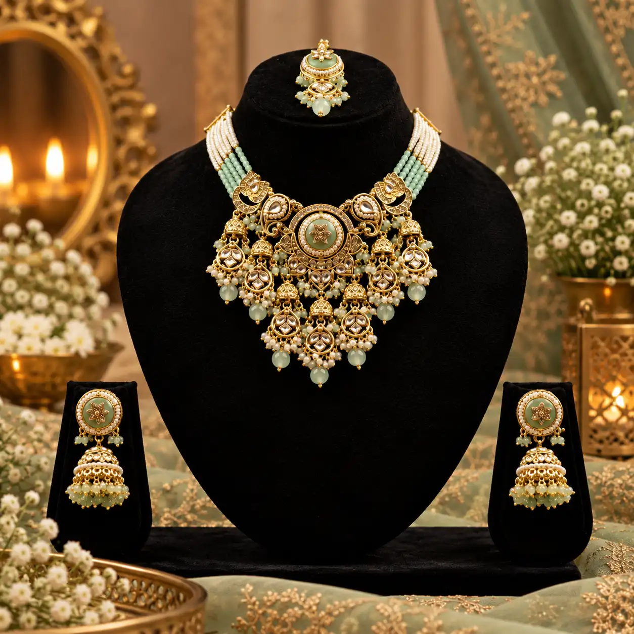 Rajwada Pearl Jadau Necklace ( Sage Green )